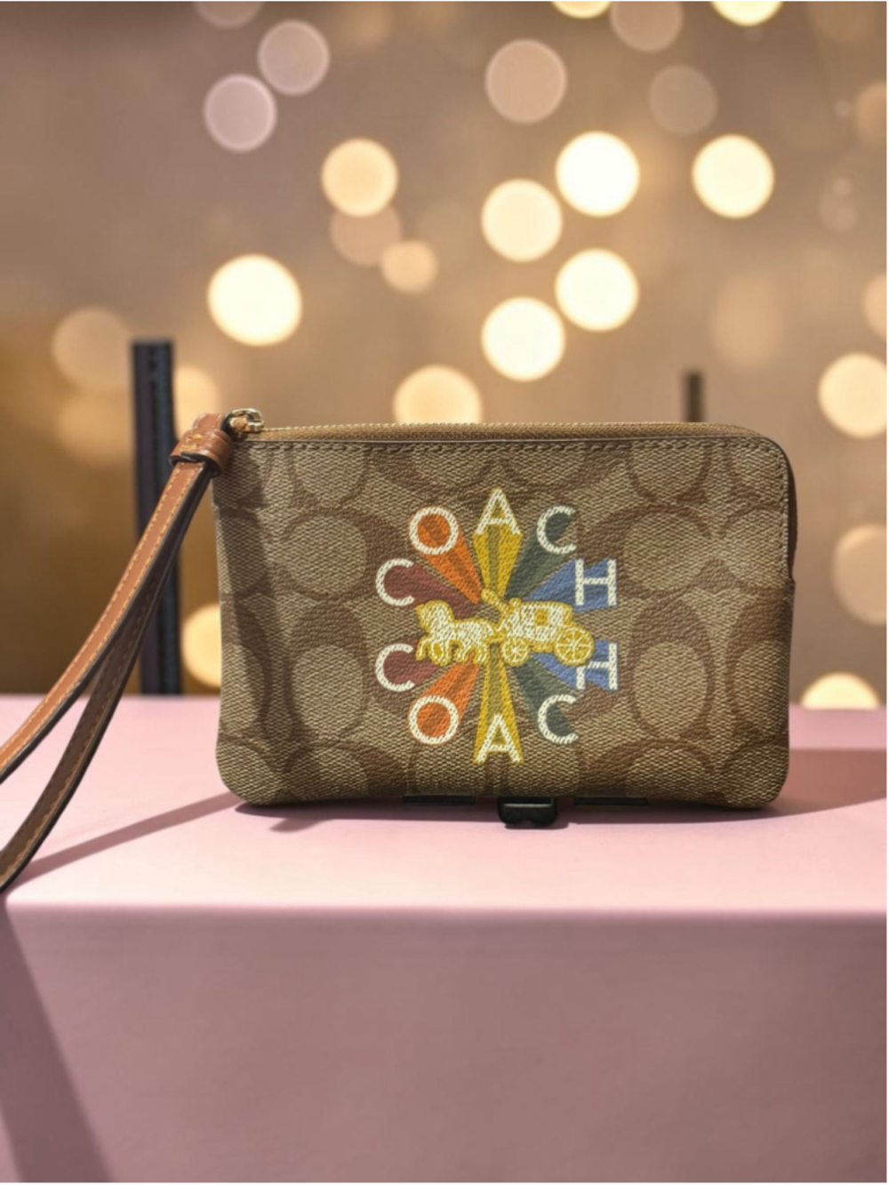 Coach Signature Corner Zip Wristlet Rainbow Carriage Logo Print Khaki Brown Canv